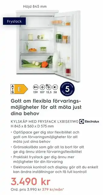 Electrolux Home KYLSKÅP MED FRYSFACK LXB1SE11W0 H 845 x B 560 x D 575 mm erbjuda