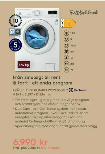 TVÄTT/TORK KOMBI EW2W3068E2 H 847 x B 597 x D 534 mm