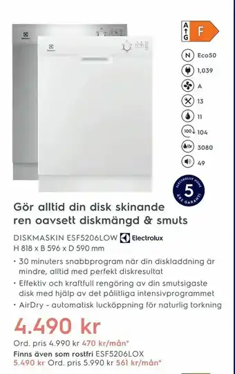 Electrolux Home DISKMASKIN ESF5206LOW H 818 x B 596 x D 590 mm erbjuda