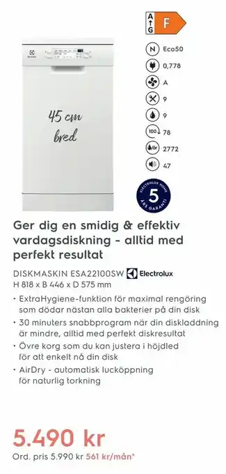 Electrolux Home DISKMASKIN ESA22100SW H 818 x B 446 x D 575 mm erbjuda