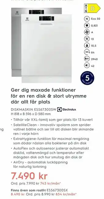 Electrolux Home DISKMASKIN ESS67300SW H 818 x B 596 x D 580 mm erbjuda