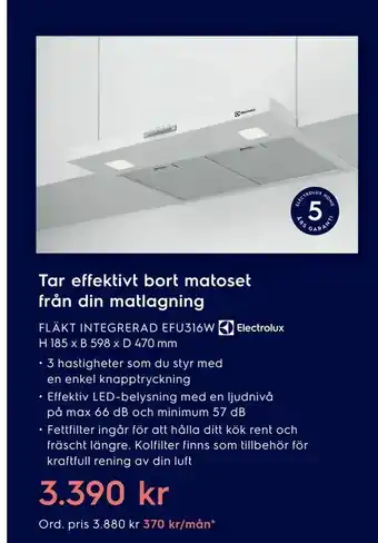 Electrolux Home FLÄKT INTEGRERAD EFU316W H 185 x B 598 x D 470 mm erbjuda