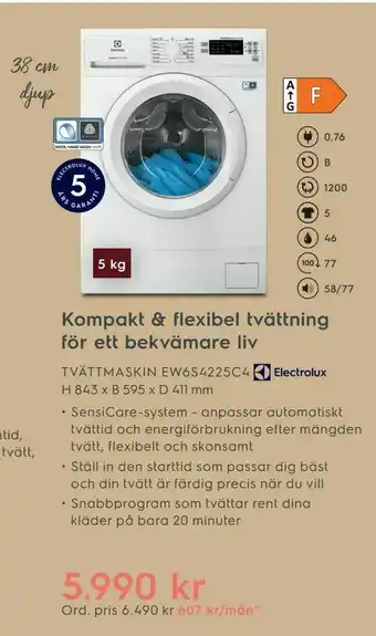 Electrolux Home TVÄTTMASKIN EW6S4225C4 H 843 x B 595 x D 411 mm erbjuda