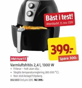 Jula Menuett Varmluftsfritös 2-4 l, 1300 W erbjuda