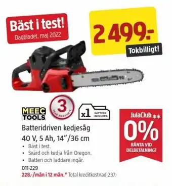 Jula Meec Tools Batteridriven kedjesåg 40 V,5 ah,14"/36 cm erbjuda