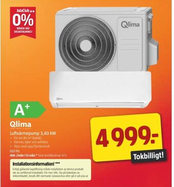Jula Qlima Luftvärmepump 3,40 KW erbjuda