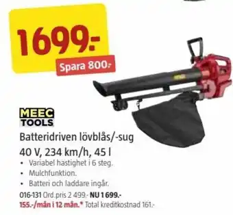 Jula Meec Tools Batteridriven lövblås /-sug 40 V, 234 km/h, 45 l erbjuda