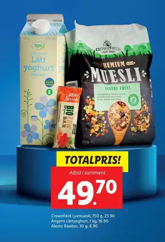 Lidl Crownfield lyxmuesli, 750 g + ängens lättyoghurt, 1 kg + alesto rawbar, 30 g erbjuda