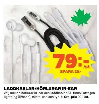Laddkablar/hörlurar in-ear