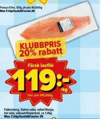 Östenssons Falkenberg, Salmo salar, odlad Norge, hel sida, vakuumförpackad 1,4kg erbjuda