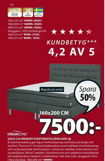 JYSK Dreamzone Gold C35 Memory Kontinentalsäng Grä-26 erbjuda