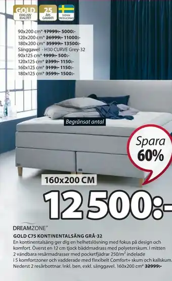 JYSK Dreamzone Gold C75 Kontinentalsäng Grä-32 erbjuda
