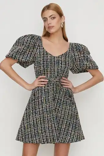 Oasis Multi tweed puff sleeve belted mini dress erbjuda