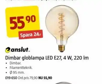 Dimbar Globlampa LED E27, 4 W, 220 lm
