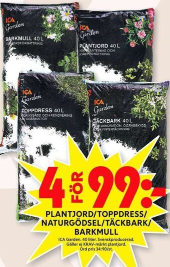 ICA Maxi Plantjord/Toppdress/Naturgödsel/Täckbark/Barkmull erbjuda