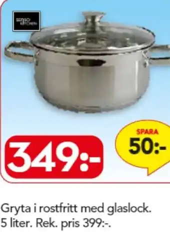 Gryta i rostfritt med glaslock 5 liter