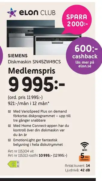 Elon Siemens diskmaskin sn45zw49cs erbjuda