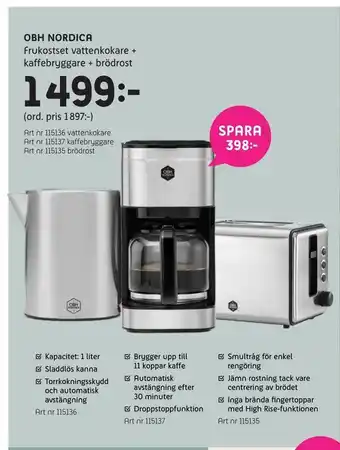 Obh nordica frukostset vattenkokare + kaffebryggare + brödrost