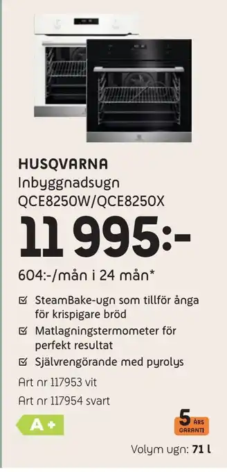 Elon Husqvarna inbyggnadsugn qce8250w/qce8250x erbjuda