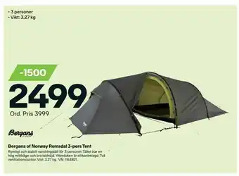 XXL Bergans of Norway Romsdal 3-pers Tent erbjuda