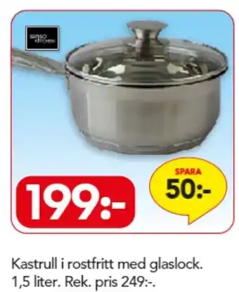 Kastrull i Rostfritt med Glaslock. 1.5 Liter