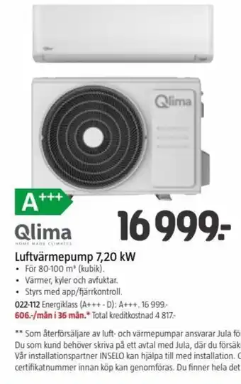 Jula Qlima Luftvärmepump 7.20 Kw erbjuda