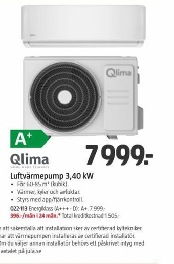 Jula Qlima Luftvärmepump 3.40 Kw erbjuda