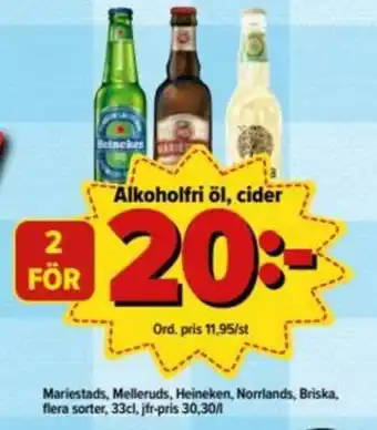 Östenssons Mariestads, Meleruds, Heineken, Norrlands, Briska Alkoholfri öl, cider 33cl erbjuda