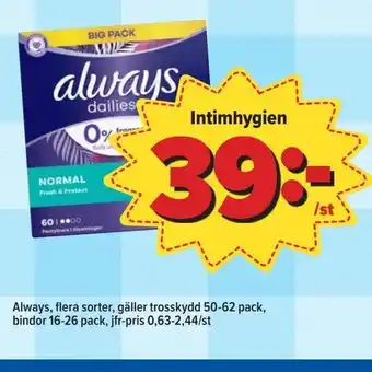 Östenssons Intimhygien Always erbjuda