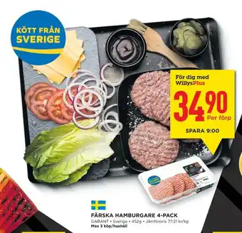 Willys Garant Färska Hamburgare 4-pack 452g erbjuda