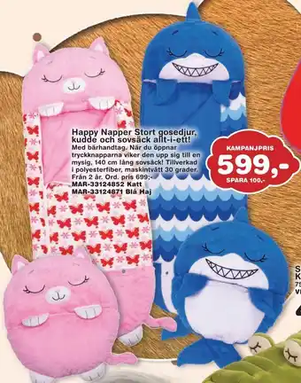 Happy napper stort gosedjur, kudde och sovsäck allt-i-ett!