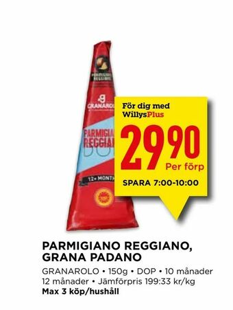Willys Parmigiano reggiano, grana padano erbjuda