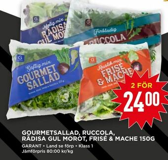 Willys Gourmetsallad, ruccola, rädisa gul morot, frisé & mache 150g erbjuda