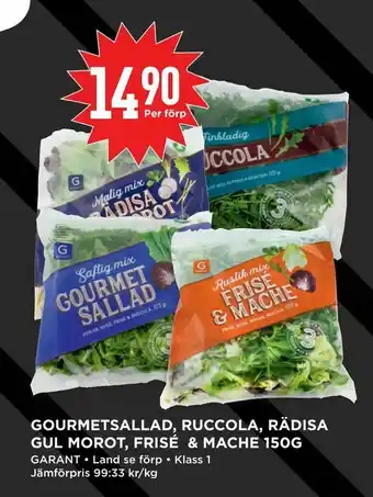 Willys Gourmetsallad, ruccola, rädisa gul morot, frisé & mache 150g erbjuda