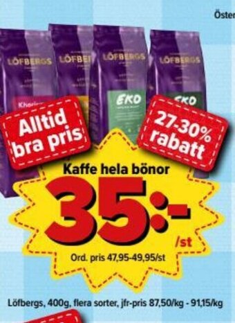 Östenssons Löfbergs Kaffe hela bönor 400g erbjuda