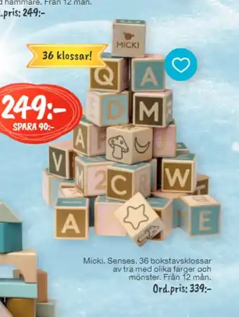 Bo Ohlsson Micki. Senses. 36 Bokstavsklossar av Trä Med Olika Färger Och Mönster erbjuda