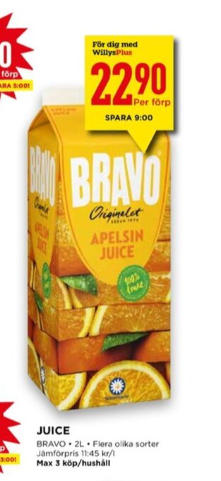Willys Bravo juice erbjuda