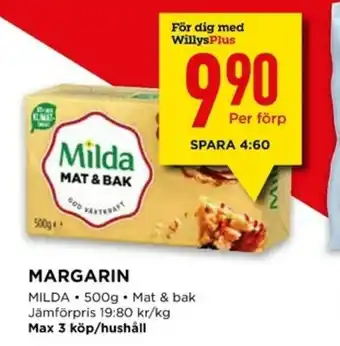Willys Margarin Milda 500g erbjuda