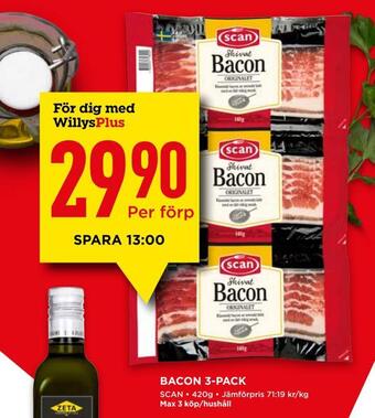 Willys Bacon 3-pack erbjuda