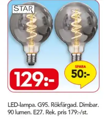 LED-Lampa. G95. Rökfärgad. Dimbar. 90 Lumen E27