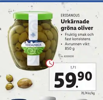 Lidl Eridanous Urkärnade gröna oliver 1,7L erbjuda