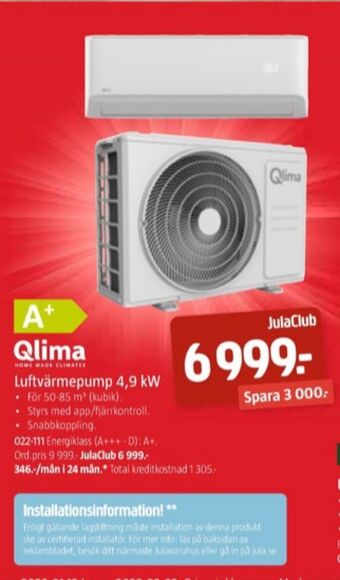 Jula Qlima värmepump erbjuda