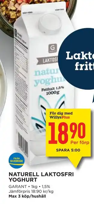 Willys Naturell laktosfri yoghurt erbjuda