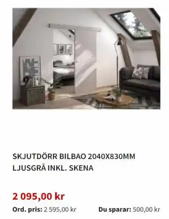 Skjutdörr Bilbao 2040x830MM Ljusgra Inkl. Skena