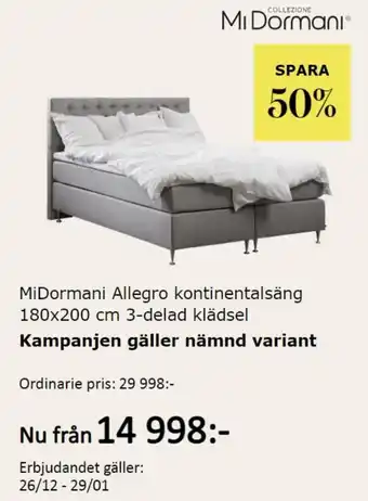 MiDormani Allegro Kontinentalsäng 180x200 cm3-Delad Klädsel