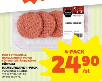 Coop Irland/John's Selection Färska Hamburgare 4-pack 113g erbjuda