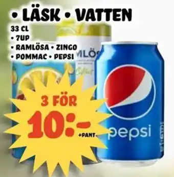 Nelins 7up/Ramlösa/Zingo/Pommac/Pepsi Läsk Vatten 33cl erbjuda