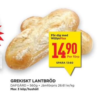 Willys Hemma Grekiskt lantbröd erbjuda