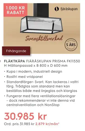 Electrolux Home Fläktkåpa fjäråskupan prisma fk11550 erbjuda