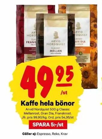 City Gross Arvid Nordquist kaffe hela bönor 500g erbjuda